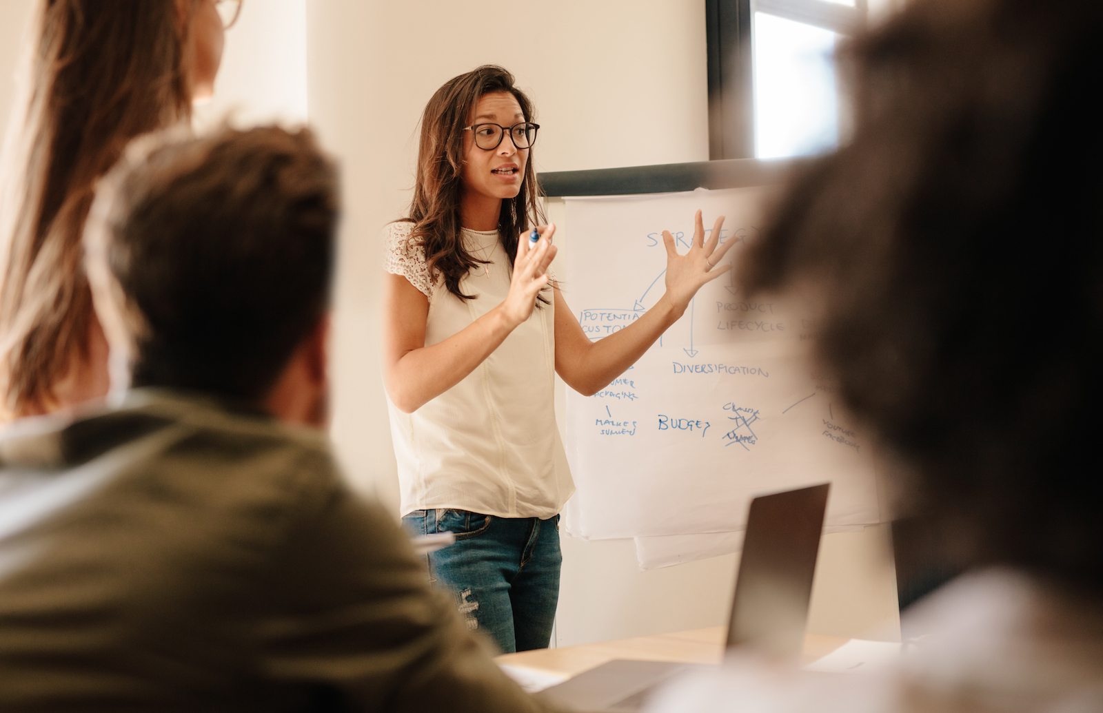 A person leading a group discussion infront of a whiteboard.