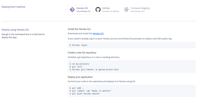 Heroku screen showing deployment method using Heroku Git